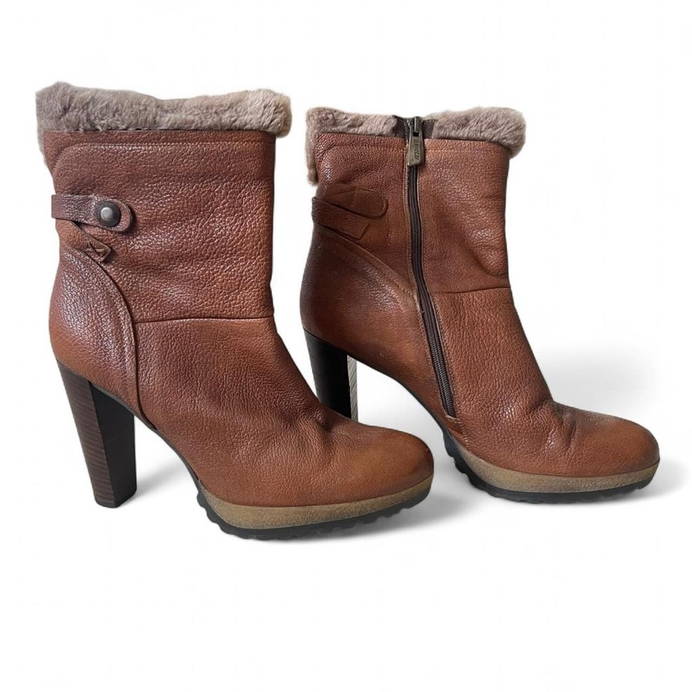 Manas Lea Foscati Italian Brown Leather Ankle Boot Heels w/ Fur Trim US 9-9.5